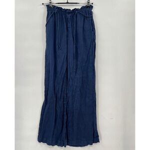 Cloth & Stone XS Wide Leg Pants Womens Navy Blue Linen Paperbag Waist Drawstring